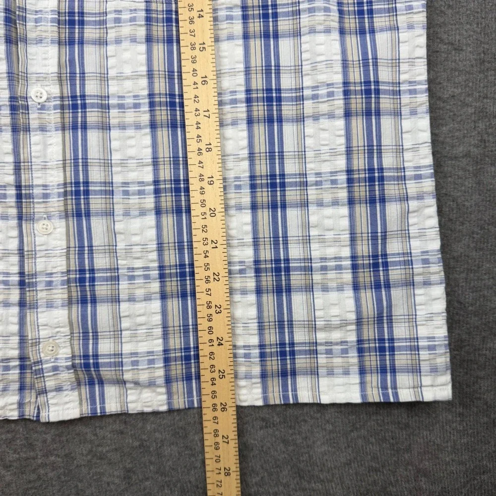 Saddlebred Button Down Shirt‎ Mens L Blue Plaid Seersucker Texture Short Sleeve